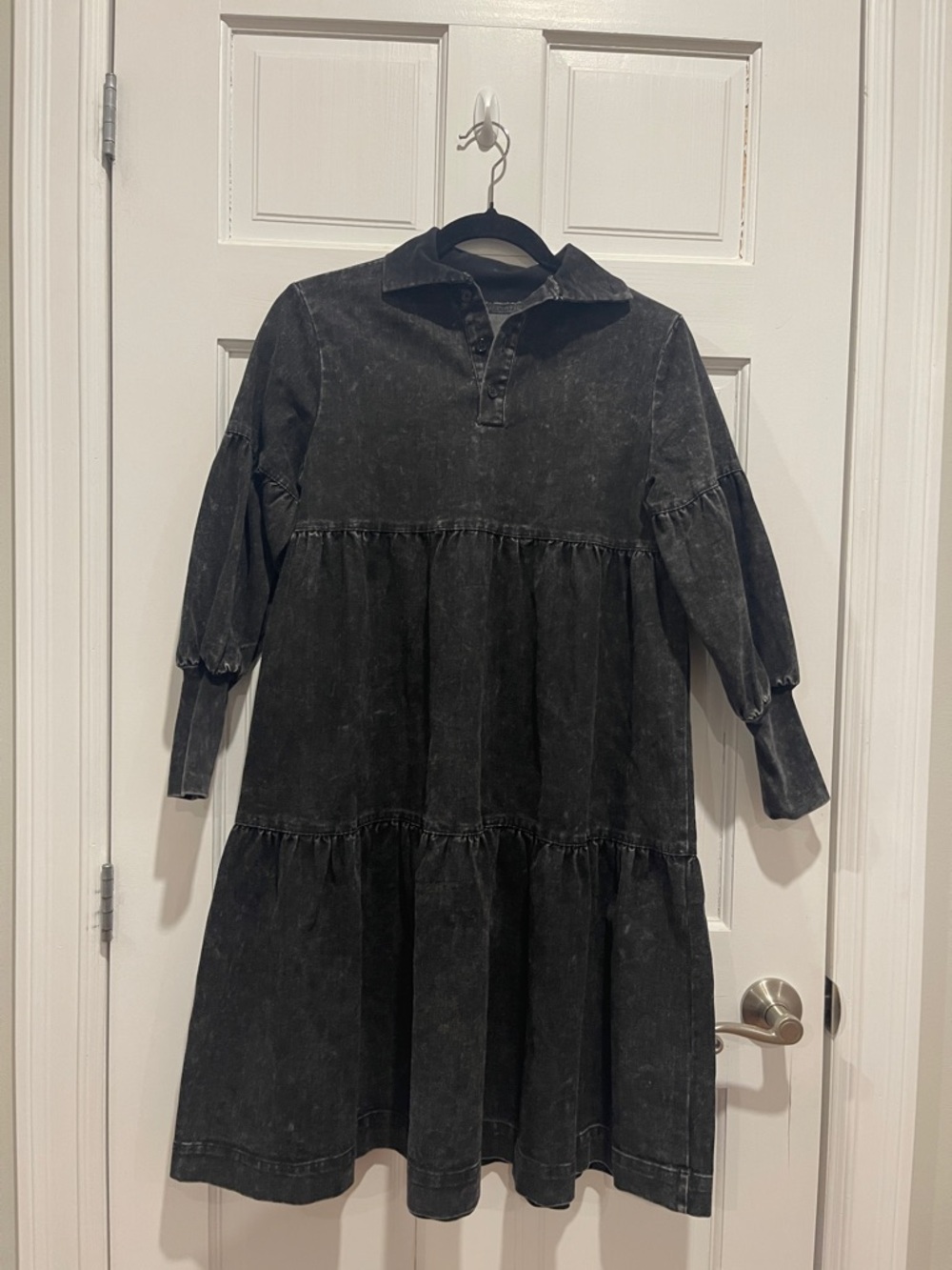 Kids Black Washed Tiered Dress with Puff Sleeves